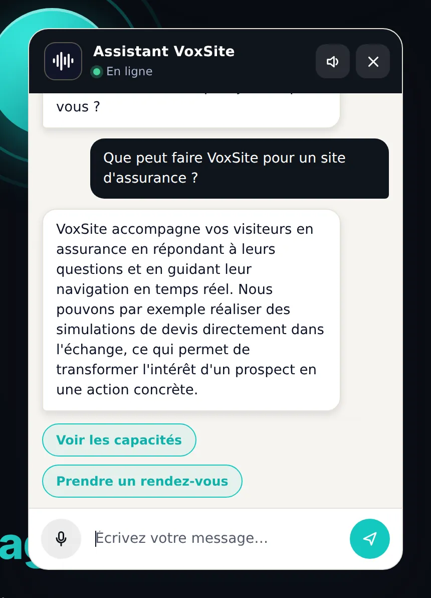 Un chatbot vocal IA en conversation sur un site d'entreprise