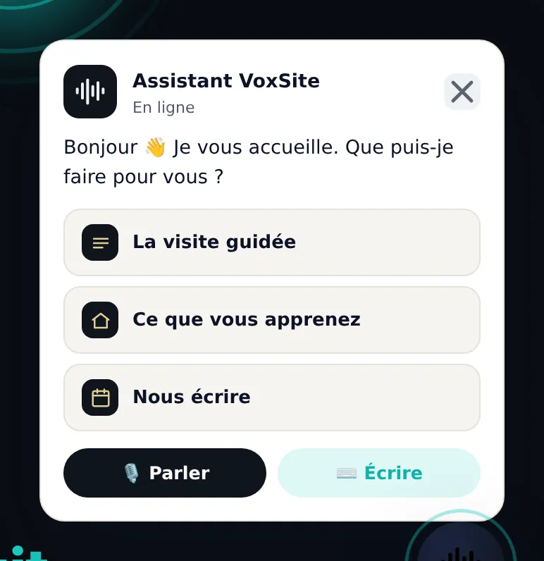 Choix entre le mode vocal et le mode écrit, présentés à égalité